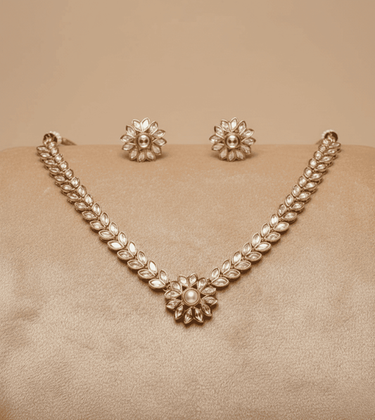 Peach American Diamond Zirconia Studded Necklace Set - 24k Gold Plated Bridel set | The Jewellery Vault