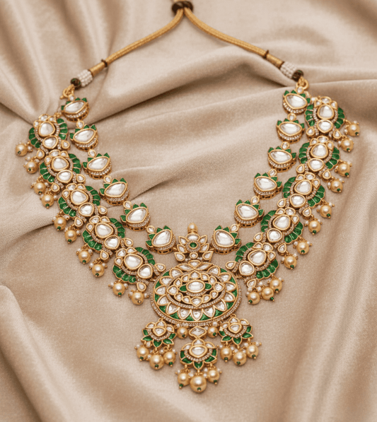 Kundan Pearl Green Stone Necklace Set - 24k Gold Plated Bridel set | The Jewellery Vault