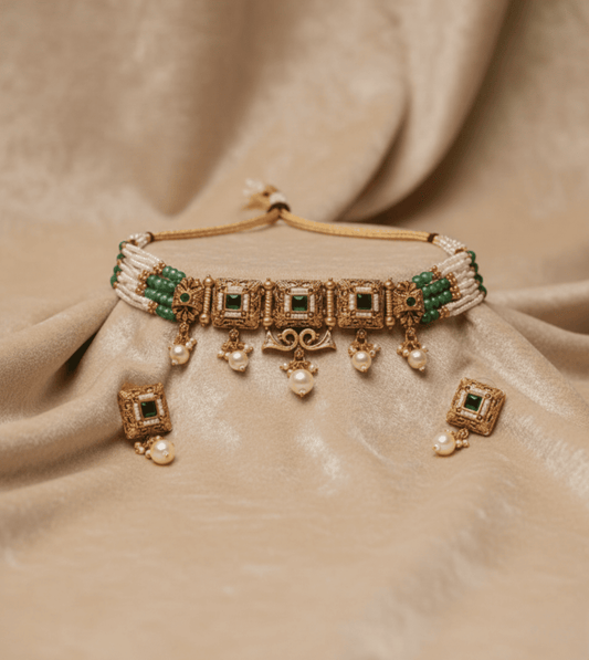 Royal Garden Green Necklace Set - 24k Gold Plated Bridel set | The Jewellery Vault
