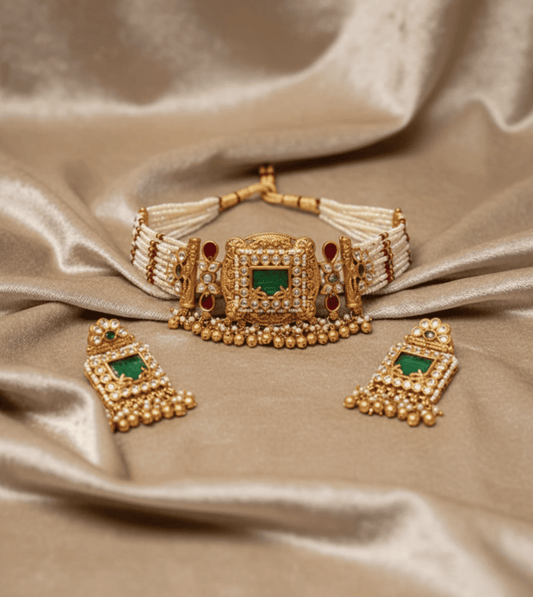 Heritage in Golden Pearl Necklace Set - 24k Gold Plated Bridel set | The Jewellery Vault