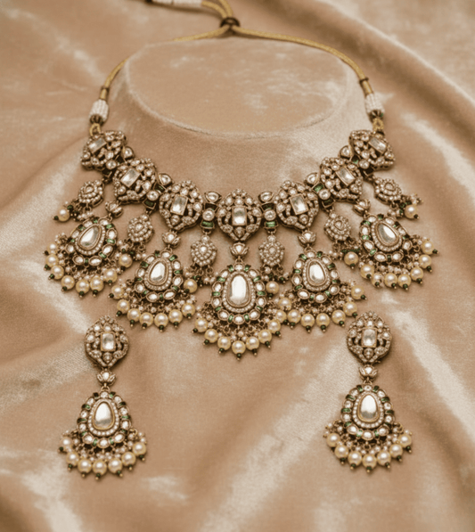 White Pearl Elegant Shine Kundan Necklace Set - 24k Gold Plated Bridel set | The Jewellery Vault
