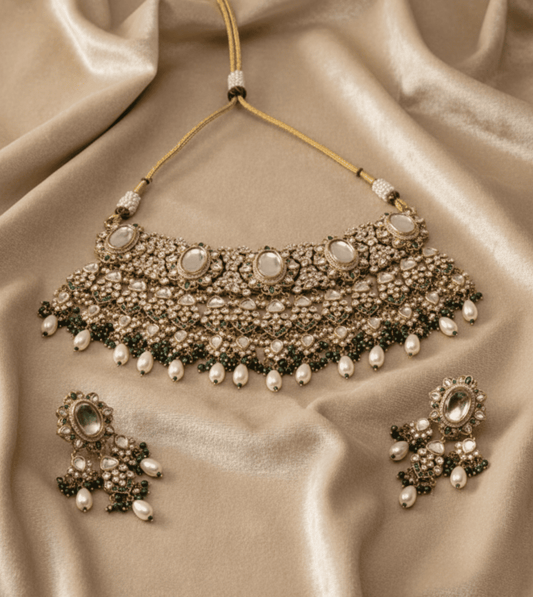 Brass Kundan Green Beads Bridal Jewellery Set - 24k Gold Plated Bridel set | The Jewellery Vault