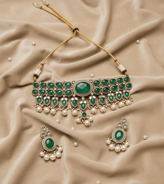 Green Artificial Stones & Beads-Studded Jewellery Set - 24k Gold Plated Bridel set | The Jewellery Vault