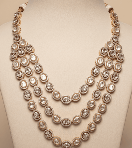 Layered American Diamond Zirconia Flower Studded Necklace Set - 24k Gold Plated Bridel set | The Jewellery Vault