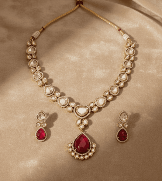 Floral Elegance Polki Style Choker Necklace Mini - 24k Gold Plated Bridel set | The Jewellery Vault