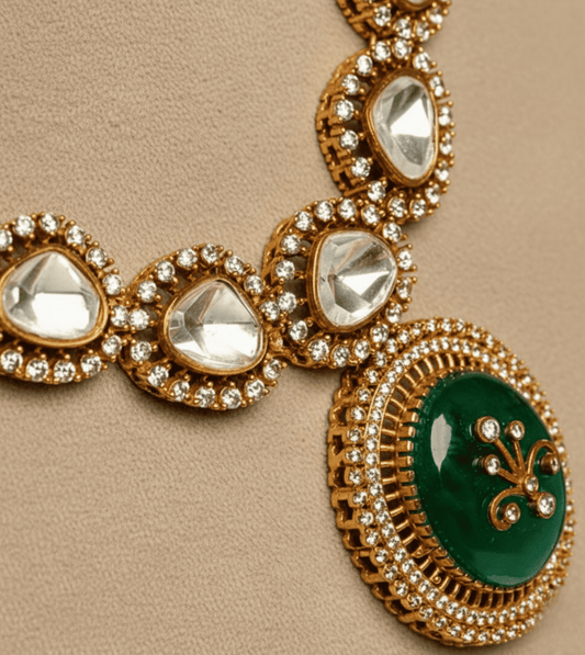 Luxury Green Handcrafted Necklace Set - 24k Gold Plated Bridel set | The Jewellery Vault