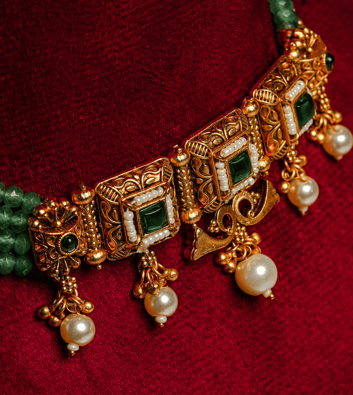 Royal Garden Green Necklace Set - 24k Gold Plated Bridel set | The Jewellery Vault