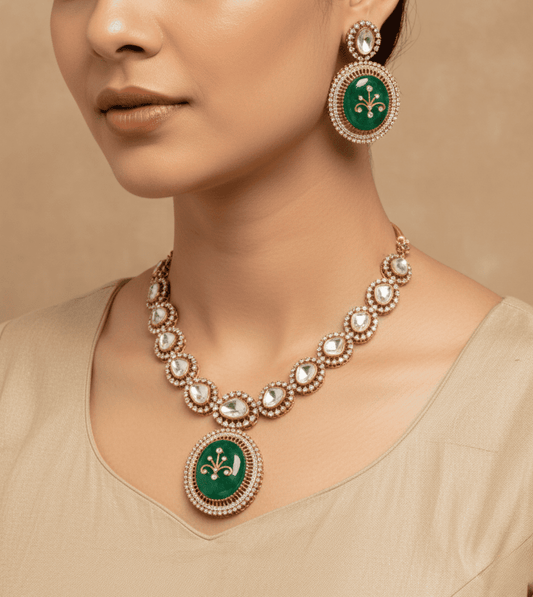 Luxury Green Handcrafted Necklace Set - 24k Gold Plated Bridel set | The Jewellery Vault