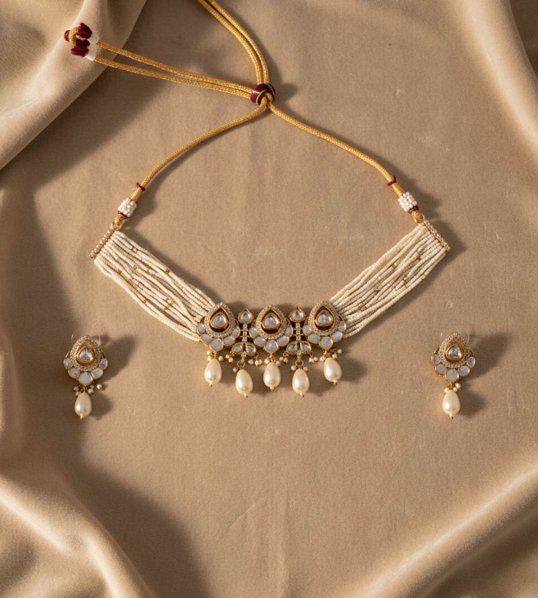 White Stones Pearl Beads Multi-Standerd Temple Jewellery Set - 24k Gold Plated Bridel set | The Jewellery Vault