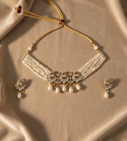 White Stones Pearl Beads Multi-Standerd Temple Jewellery Set - 24k Gold Plated Bridel set | The Jewellery Vault