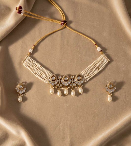 White Stones Pearl Beads Multi-Standerd Temple Jewellery Set - 24k Gold Plated Bridel set | The Jewellery Vault