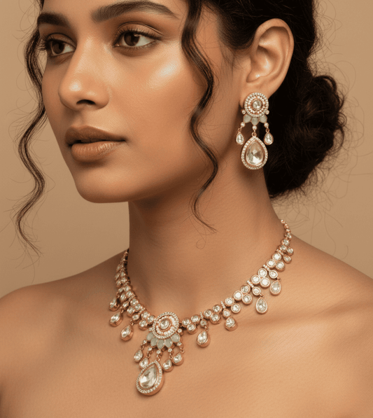 Mint Green Beaded Pearl Necklace Set - 24k Gold Plated Bridel set | The Jewellery Vault