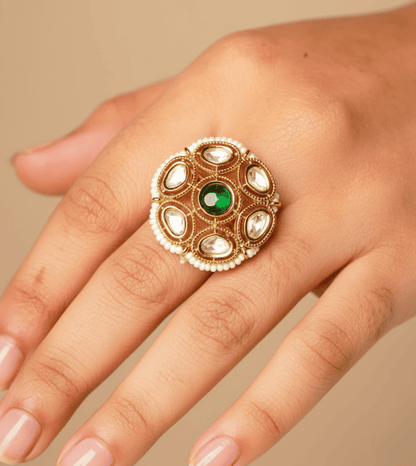 Cocktail Green Pearl Women Ring - 24k Gold Plated Women Ring | The Jewellery Vault