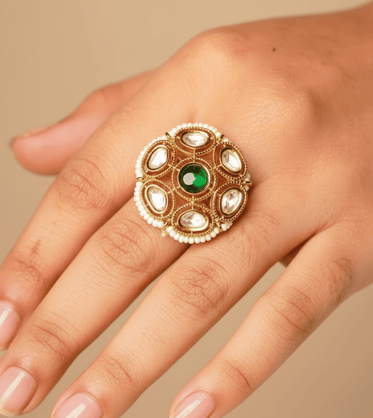 Cocktail Green Pearl Women Ring - 24k Gold Plated Women Ring | The Jewellery Vault
