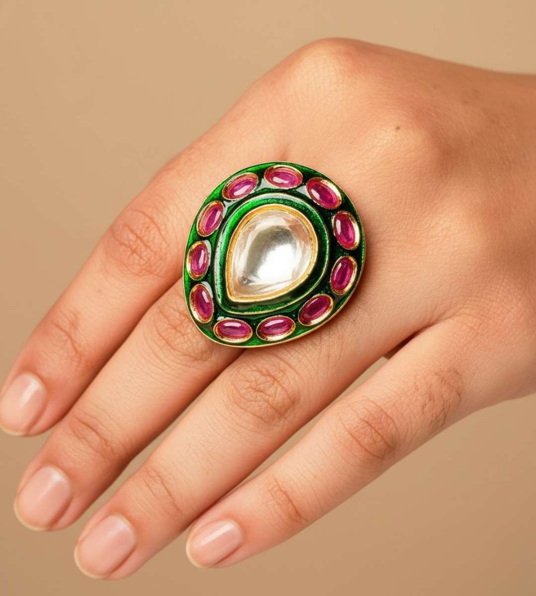 Pink American White Teardrop Ring - 24k Gold Plated Women Ring | The Jewellery Vault