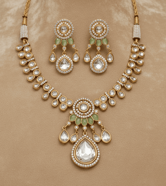 Mint Green Beaded Pearl Necklace Set - 24k Gold Plated Bridel set | The Jewellery Vault