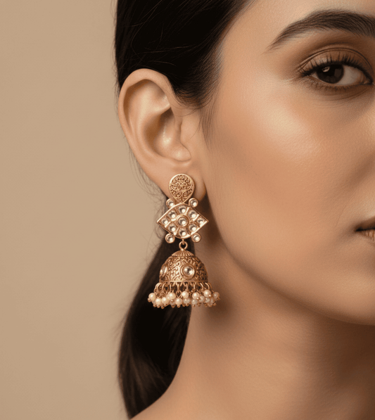 Artificial Whirlwind Gold Jhumka - 24k Gold Plated Jhumka | The Jewellery Vault