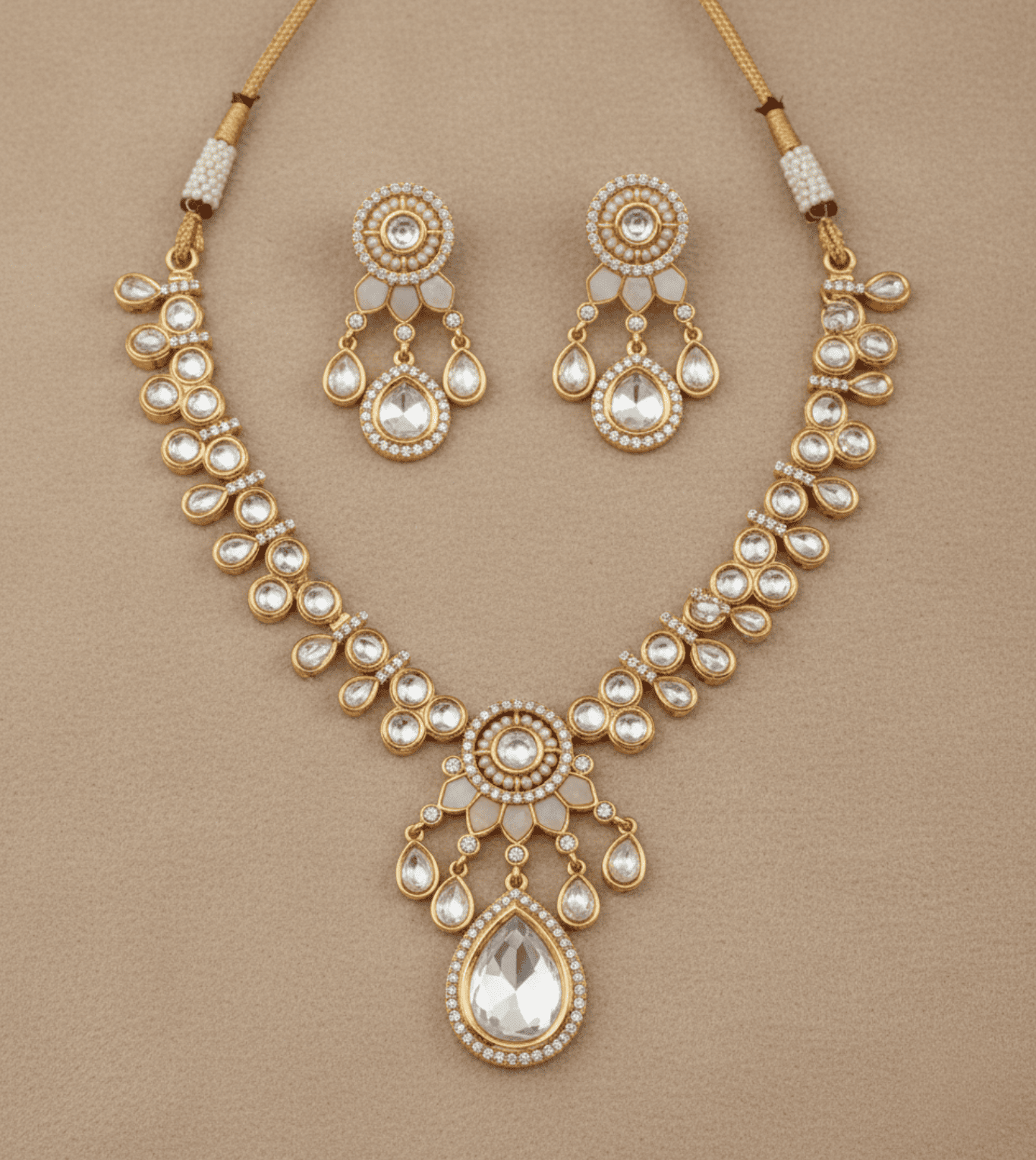 Golden Peach Beaded Pearl Necklace Set - 24k Gold Plated Bridel set | The Jewellery Vault