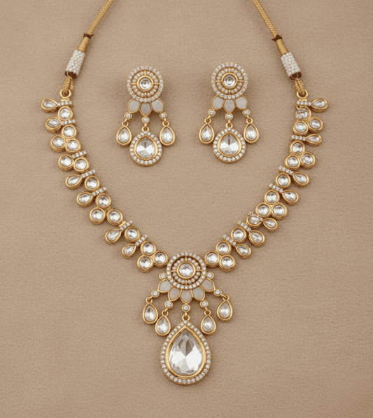 Golden Peach Beaded Pearl Necklace Set - 24k Gold Plated Bridel set | The Jewellery Vault