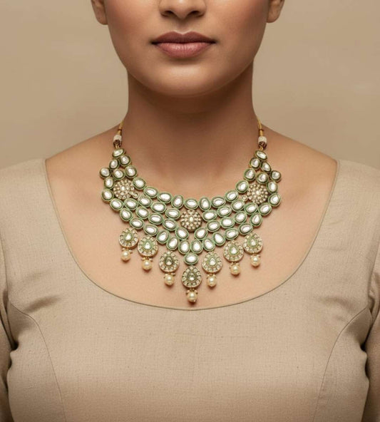 Festive Heavy Kundan with Pearl Necklace Set - 24k Gold Plated Bridel set | The Jewellery Vault