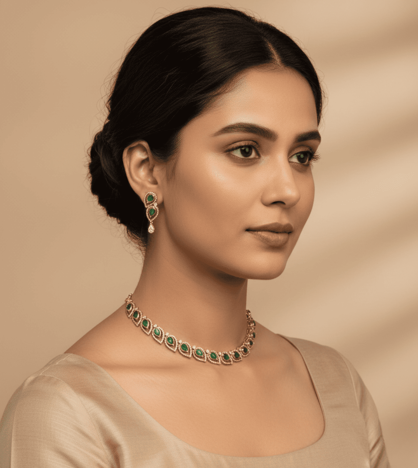 Emerald Green Rhodium Necklace Set - 24k Gold Plated Bridel set | The Jewellery Vault