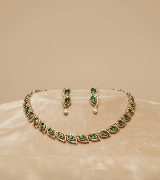 Emerald Green Rhodium Necklace Set - 24k Gold Plated Bridel set | The Jewellery Vault