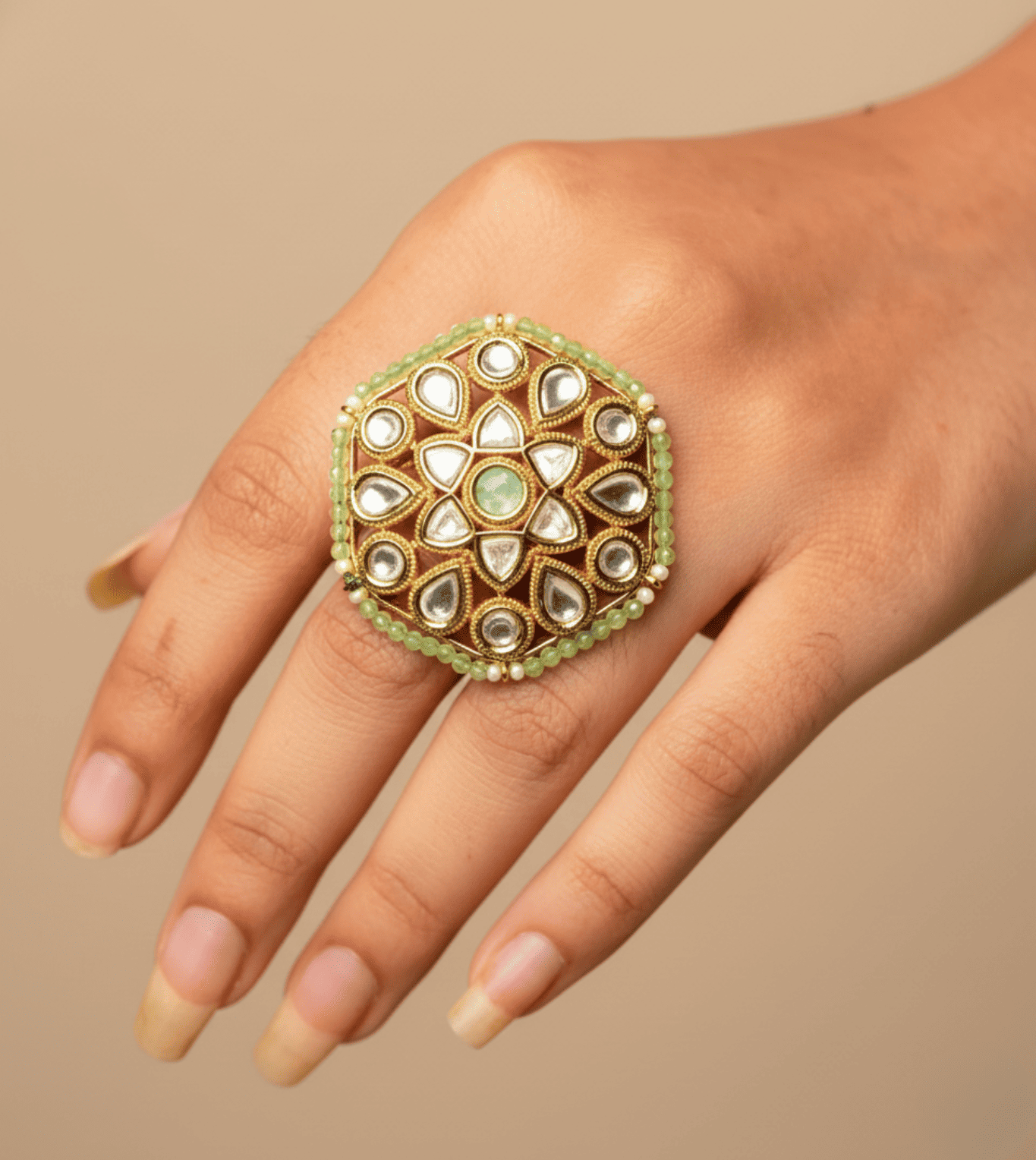 Hexagon Pearl Artificial Ring - 24k Gold Plated Women Ring | The Jewellery Vault