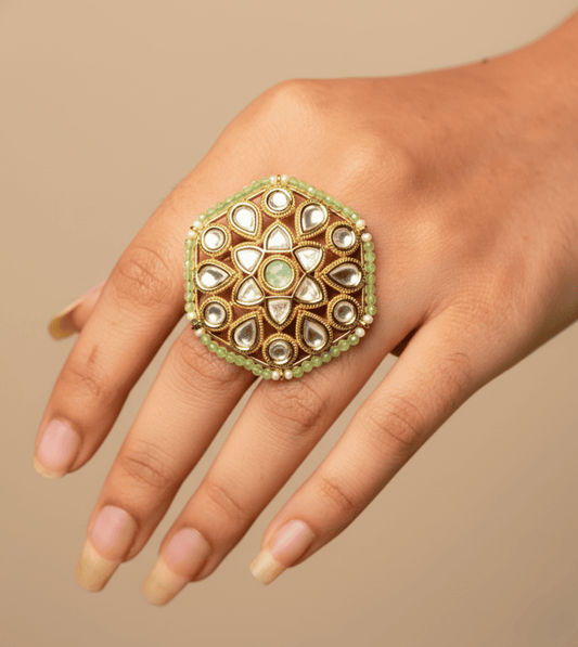 Hexagon Pearl Artificial Ring - 24k Gold Plated Women Ring | The Jewellery Vault