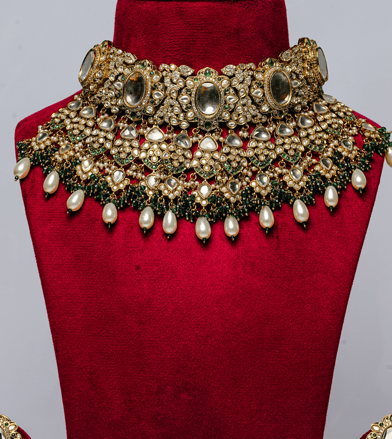Diamond Zirconia Pearl Choker Necklace Set - 24k Gold Plated Bridel set | The Jewellery Vault