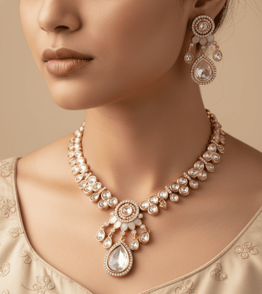 Golden Peach Beaded Pearl Necklace Set - 24k Gold Plated Bridel set | The Jewellery Vault