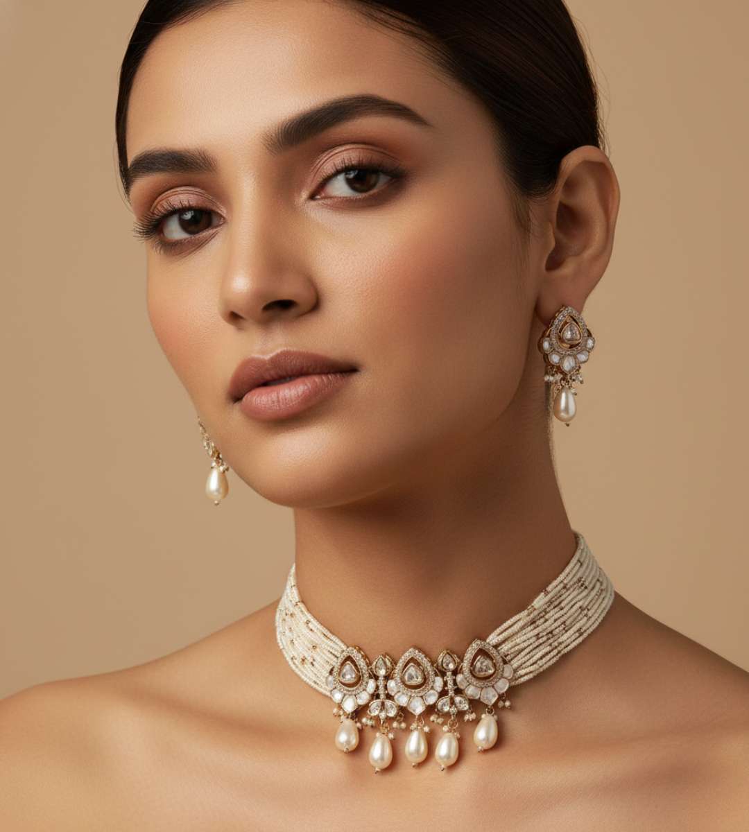 White Stones Pearl Beads Multi-Standerd Temple Jewellery Set - 24k Gold Plated Bridel set | The Jewellery Vault