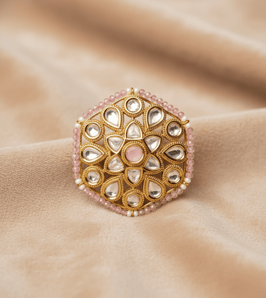 Pink Hexagon Pearls Ring - 24k Gold Plated Women Ring | The Jewellery Vault