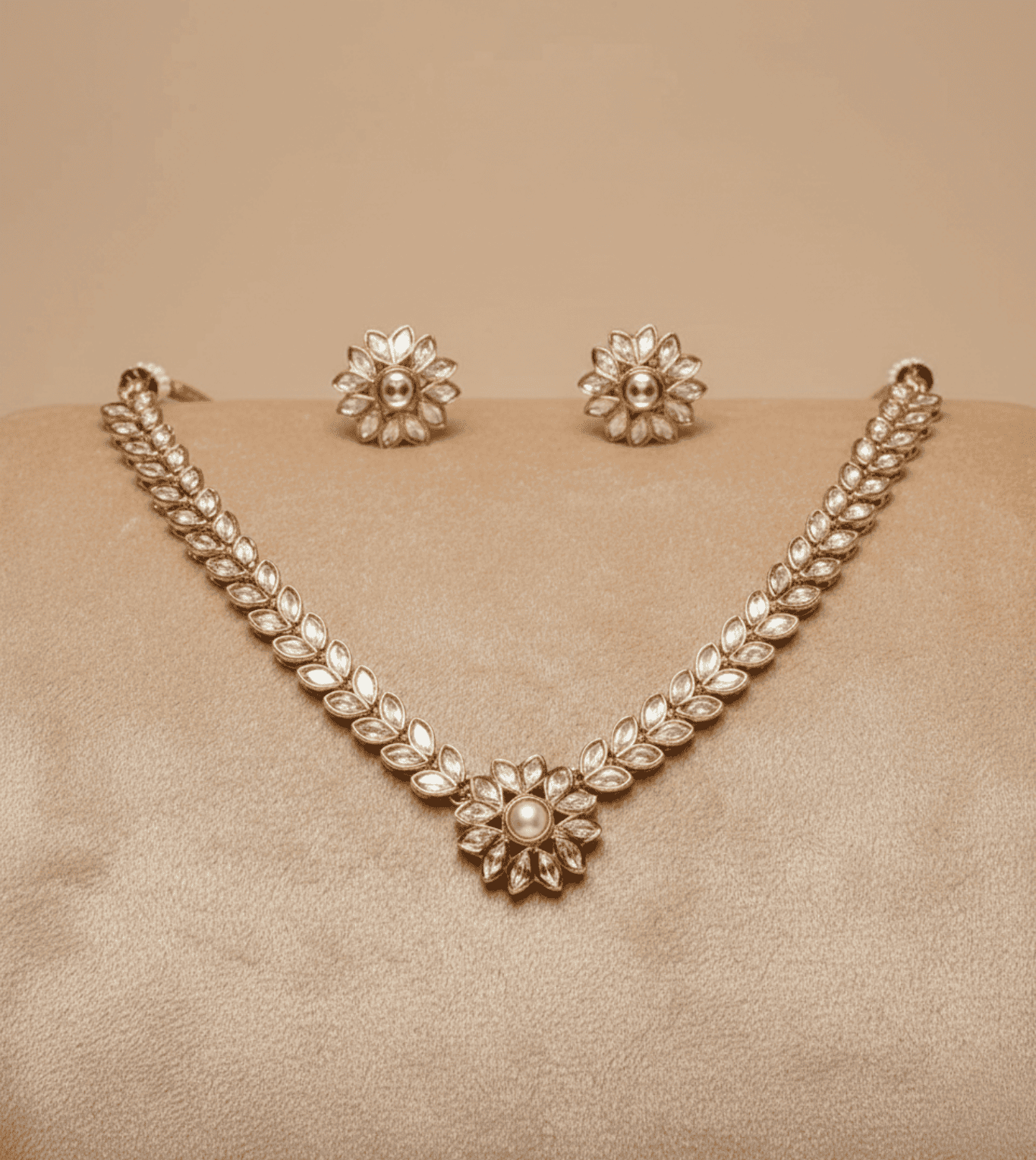 Peach American Diamond Zirconia Studded Necklace Set - 24k Gold Plated Bridel set | The Jewellery Vault