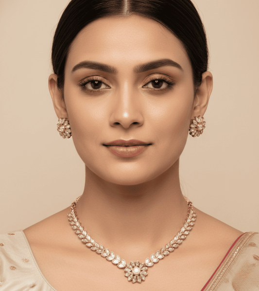 Peach American Diamond Zirconia Studded Necklace Set - 24k Gold Plated Bridel set | The Jewellery Vault