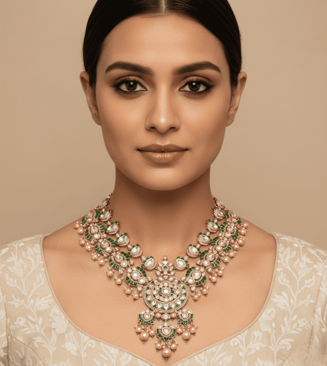 Kundan Pearl Green Stone Necklace Set - 24k Gold Plated Bridel set | The Jewellery Vault