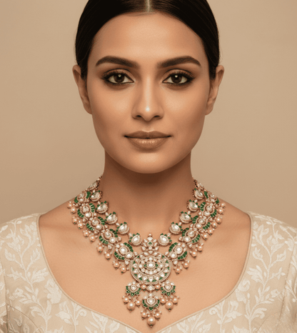 Kundan Pearl Green Stone Necklace Set - 24k Gold Plated Bridel set | The Jewellery Vault