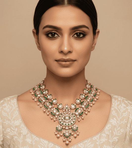 Kundan Pearl Green Stone Necklace Set - 24k Gold Plated Bridel set | The Jewellery Vault