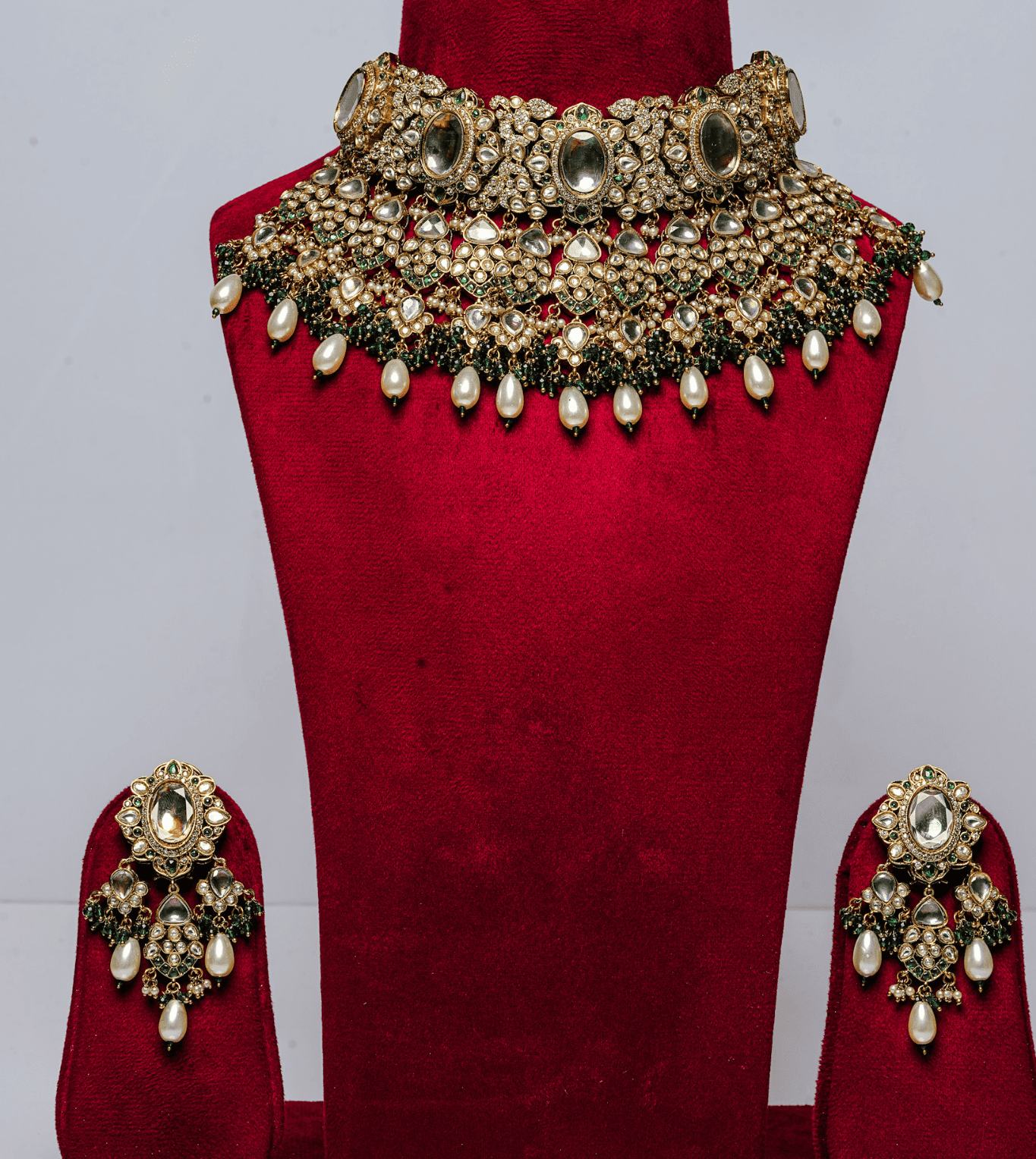 Diamond Zirconia Pearl Choker Necklace Set - 24k Gold Plated Bridel set | The Jewellery Vault