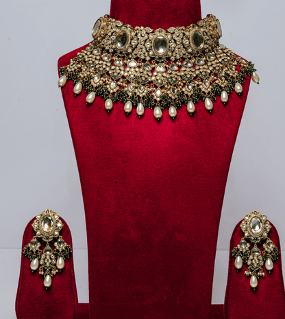 Diamond Zirconia Pearl Choker Necklace Set - 24k Gold Plated Bridel set | The Jewellery Vault