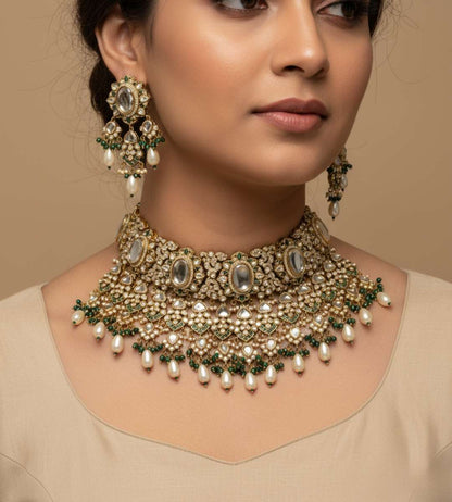 Diamond Zirconia Pearl Choker Necklace Set - 24k Gold Plated Bridel set | The Jewellery Vault