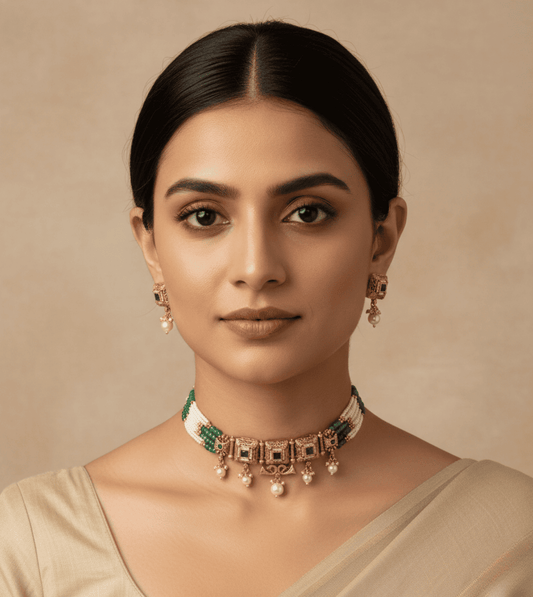 Royal Garden Green Necklace Set - 24k Gold Plated Bridel set | The Jewellery Vault