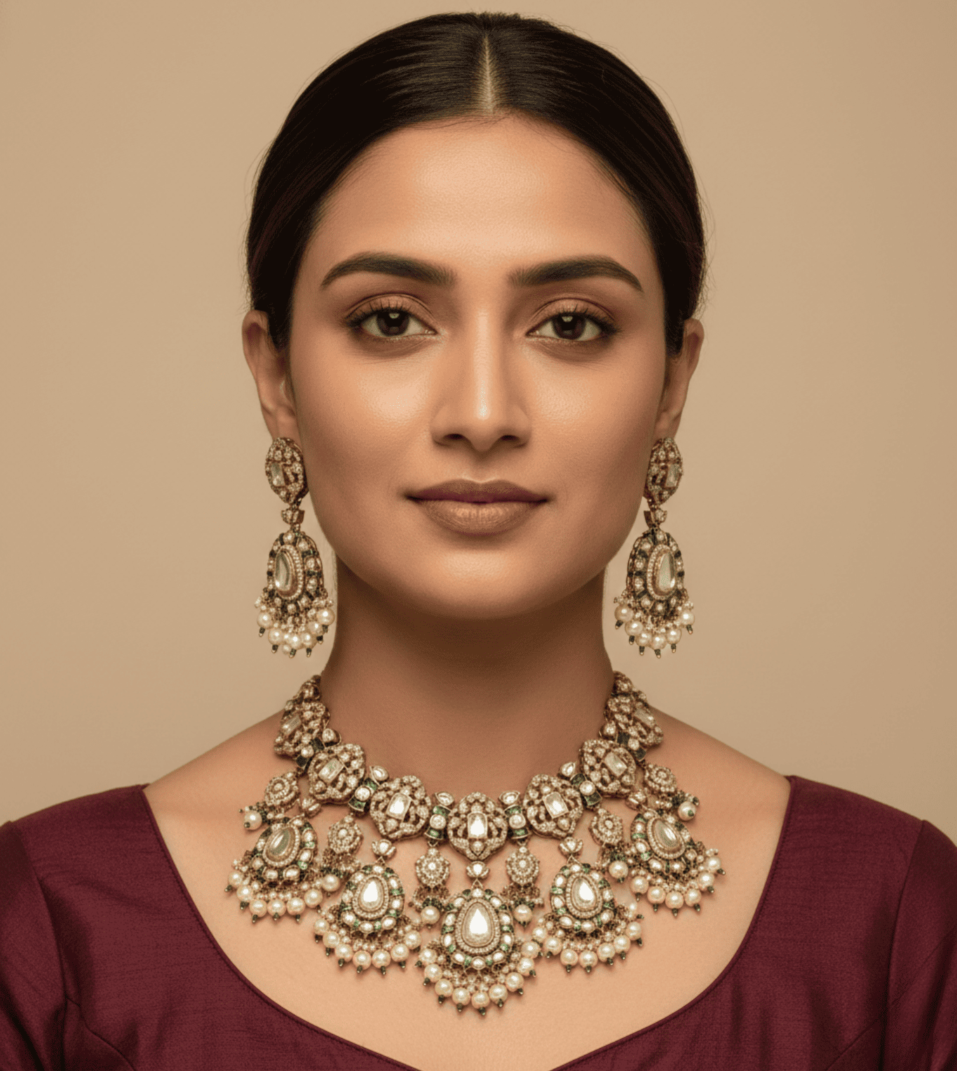 White Pearl Elegant Shine Kundan Necklace Set - 24k Gold Plated Bridel set | The Jewellery Vault