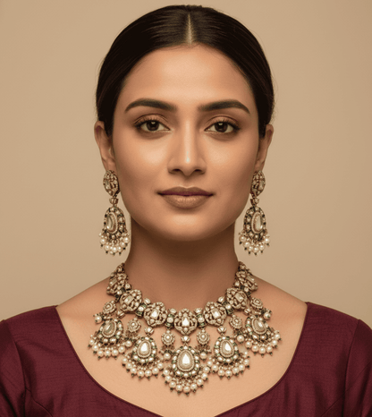 White Pearl Elegant Shine Kundan Necklace Set - 24k Gold Plated Bridel set | The Jewellery Vault