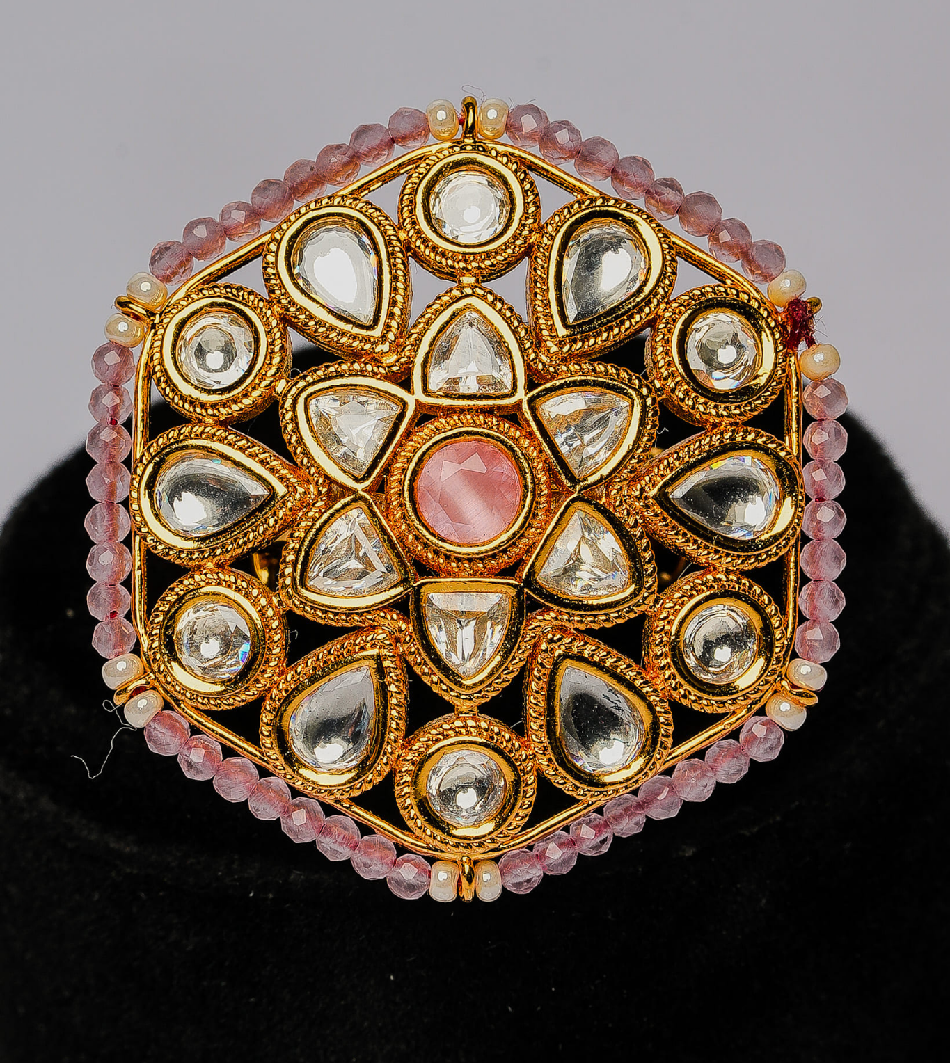 Pink Hexagon Pearls Ring - 24k Gold Plated Women Ring | The Jewellery Vault
