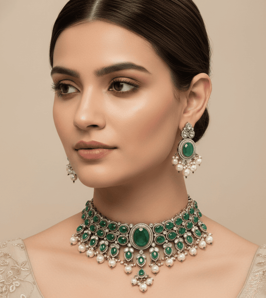 Green Artificial Stones & Beads-Studded Jewellery Set - 24k Gold Plated Bridel set | The Jewellery Vault