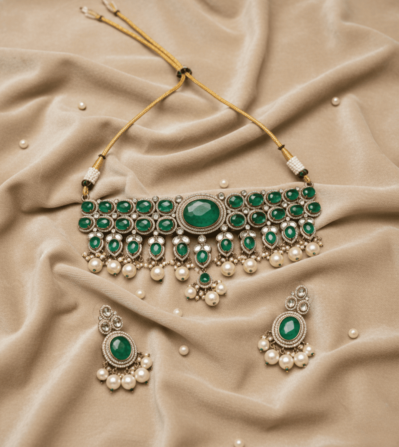 Green Artificial Stones & Beads-Studded Jewellery Set - 24k Gold Plated Bridel set | The Jewellery Vault