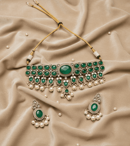 Green Artificial Stones & Beads-Studded Jewellery Set - 24k Gold Plated Bridel set | The Jewellery Vault