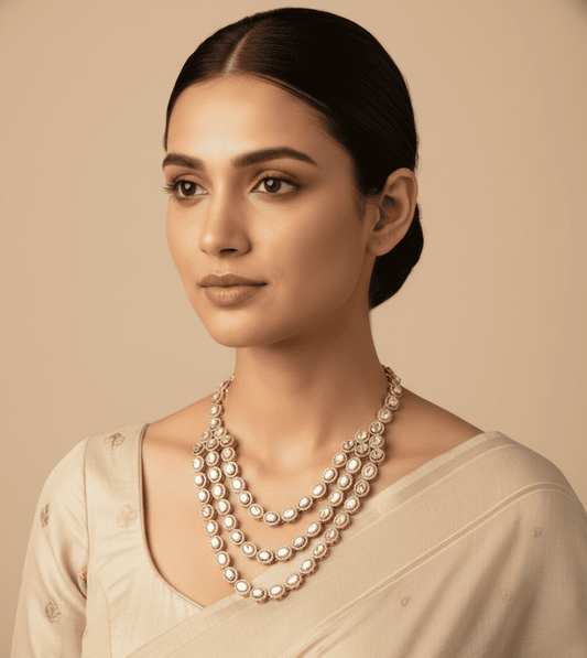 Layered American Diamond Zirconia Flower Studded Necklace Set - 24k Gold Plated Bridel set | The Jewellery Vault