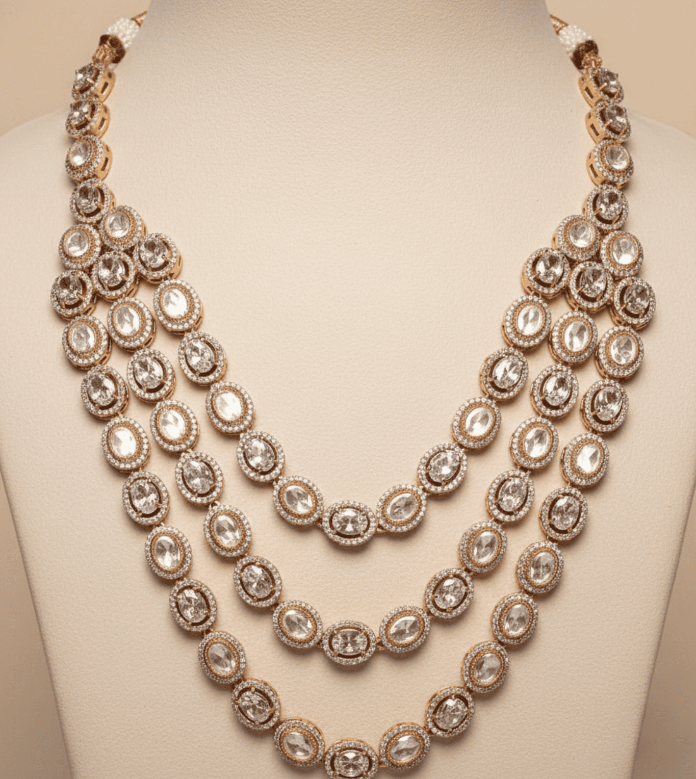Layered American Diamond Zirconia Flower Studded Necklace Set - 24k Gold Plated Bridel set | The Jewellery Vault