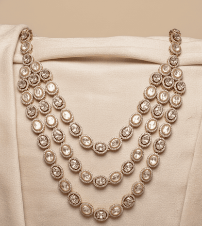 Layered American Diamond Zirconia Flower Studded Necklace Set - 24k Gold Plated Bridel set | The Jewellery Vault